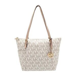 Michael Kors Jet Set Large Logo Tote Bag Beige/Brown Leather Trim Womens Handbag
